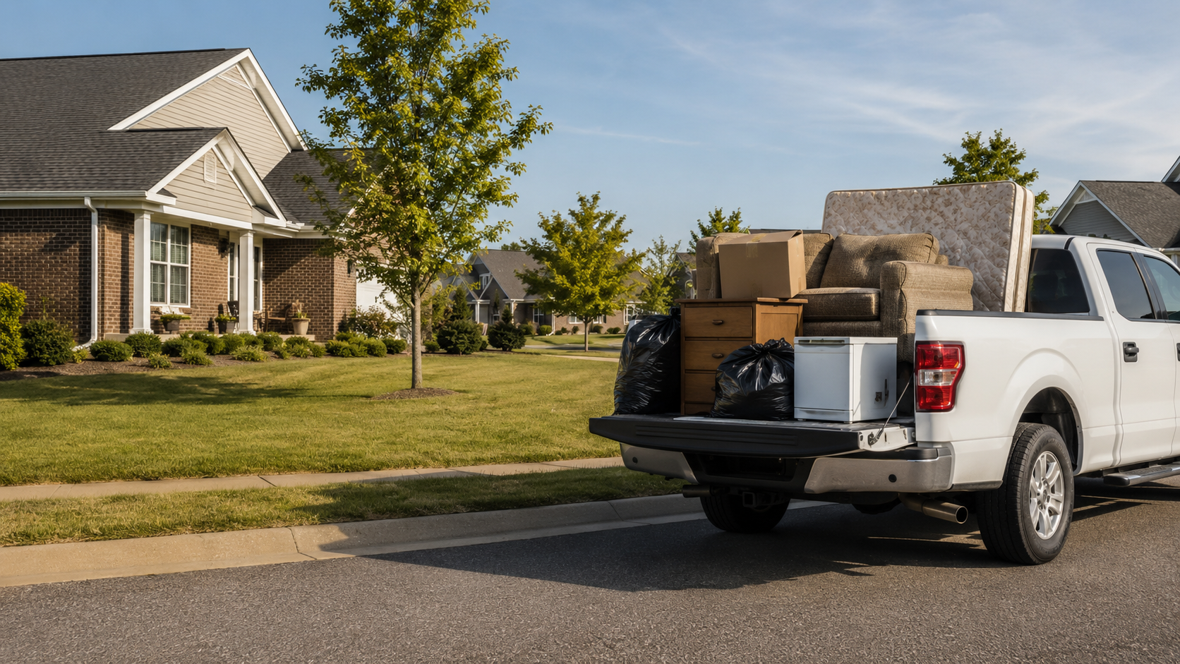 Pickup truck loaded with old furniture for junk removal in a residential driveway