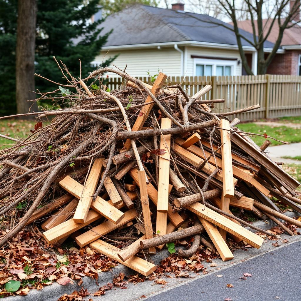 Yard debris and tree limbs piled at curbside